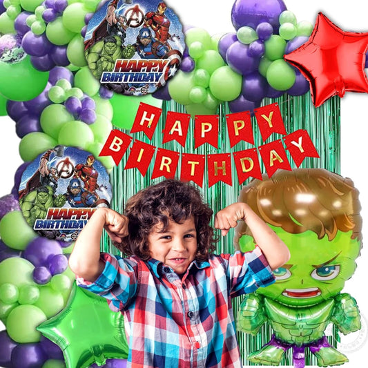 Superhero Theme Birthday Decoration Pack for Boys / Girls / Kids Party 68Pc - Superhero foil balloon set of 5, 60 Multicolor Balloons, 1 Birthday Banner, 2 Green Curtain ( Green Superhero Birthday Theme Decoration Set )