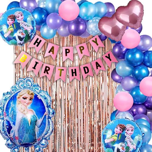 Frozen Theme Birthday Decoration Set of 68pc for Girls- 5pc Princess Elsa Foil Balloon, 60pc Multicolor Balloons, 2 pc Rose Gold Curtains, 1 Banner ( Elsa Princess Theme Birthday Decoration)